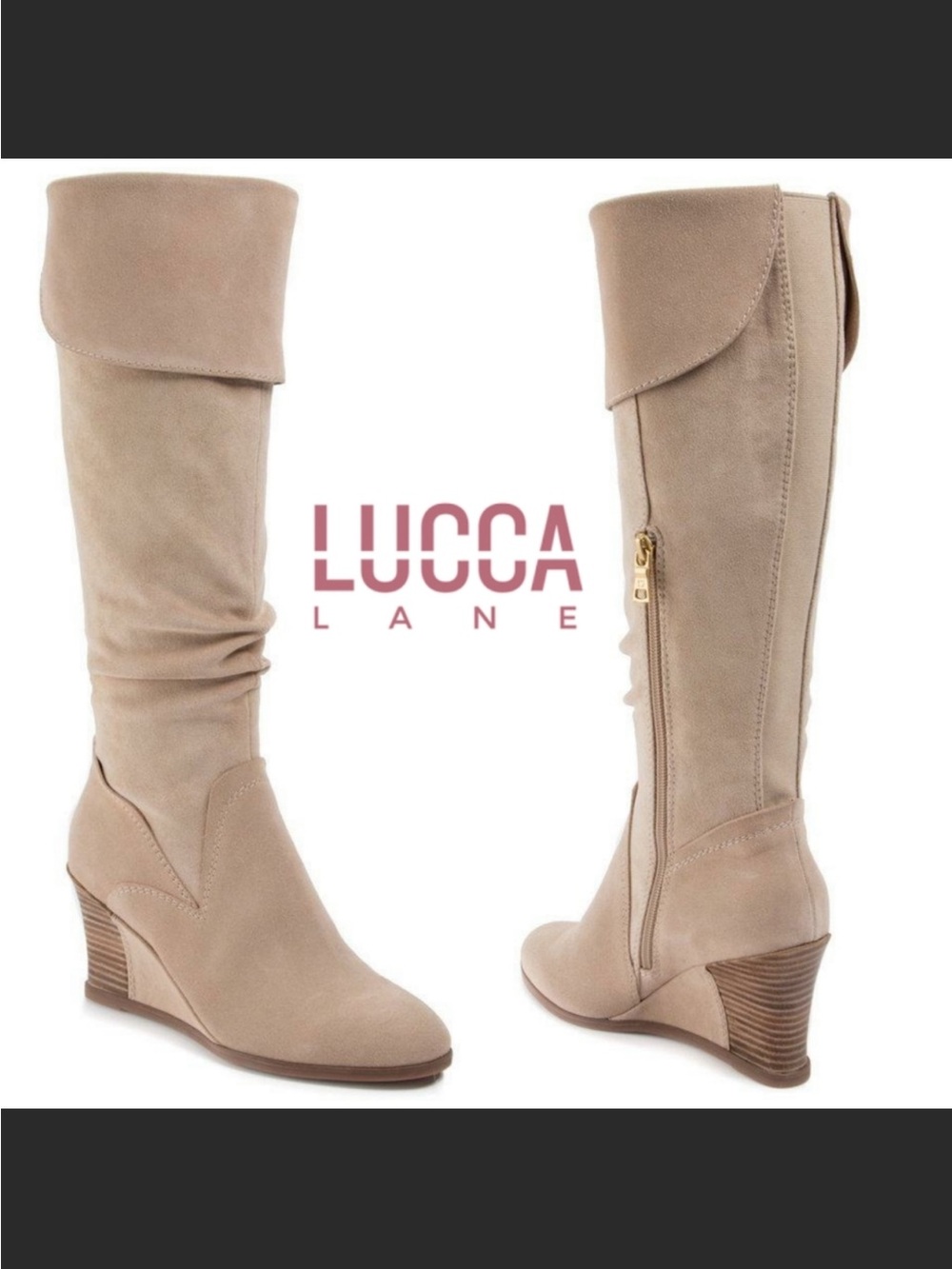 Lucca Lane Suede Zander Boots Knee-High Wedge Boot in Taupe Suede